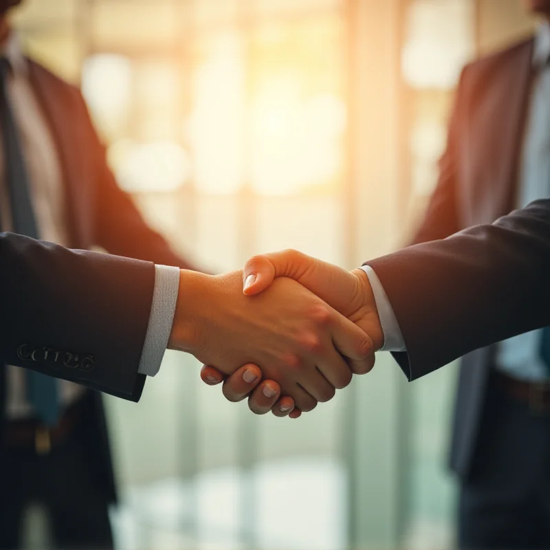 Two people shaking hands in an office setting, symbolizing a win-win situation.