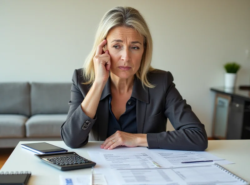 A person looking thoughtfully at a financial document with a calculator nearby.