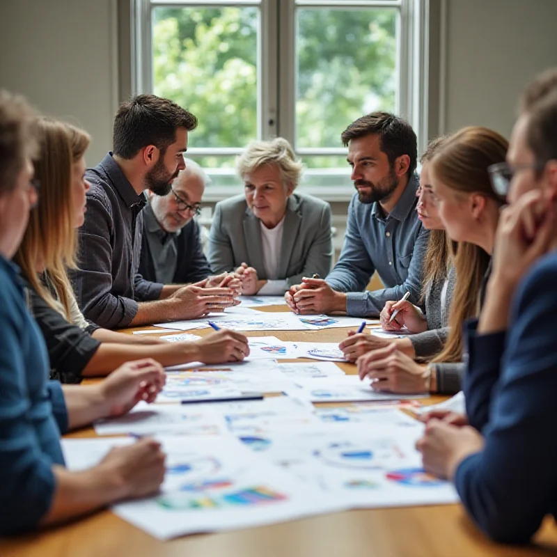 A diverse group of people discussing financial matters around a table.