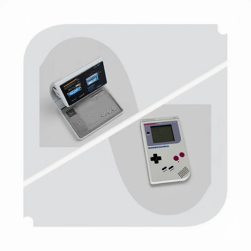 A collage showing both the Retroid Pocket Flip 2 and the Game Boy-inspired handheld side-by-side.