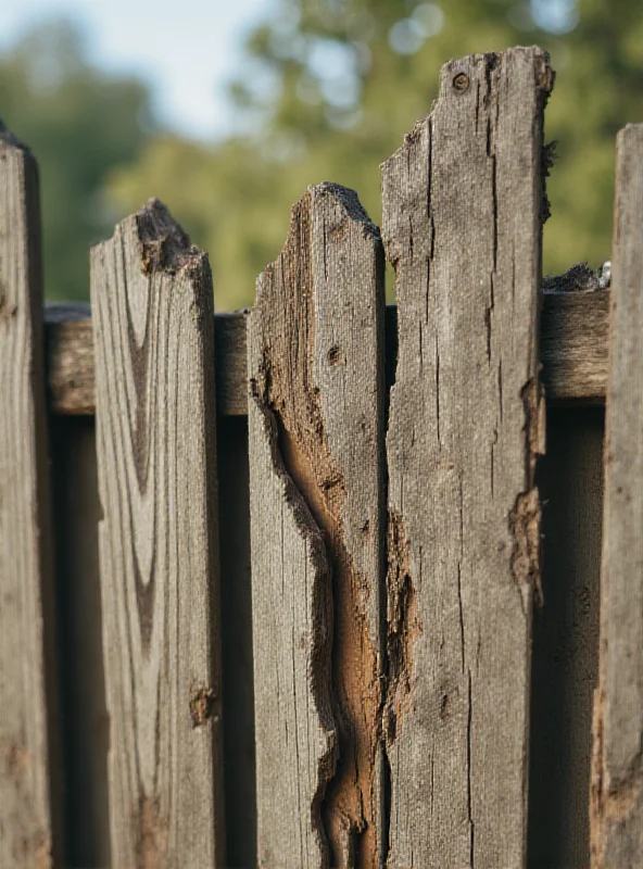 Damaged wooden fence with broken planks and splintered wood