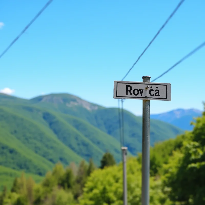 Street sign for Revúca, Slovakia, with mountains in the background