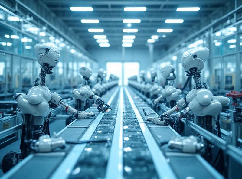 A modern robotics manufacturing facility with automated assembly lines and robots working on various tasks.