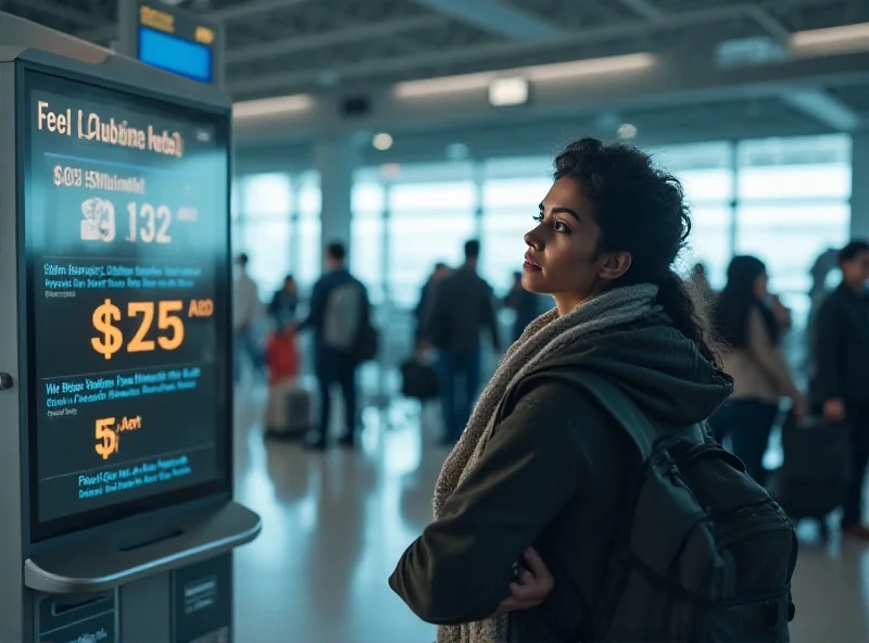 Overhead shot of a stressed traveler staring at an airport baggage fee display with an exaggeratedly high price.