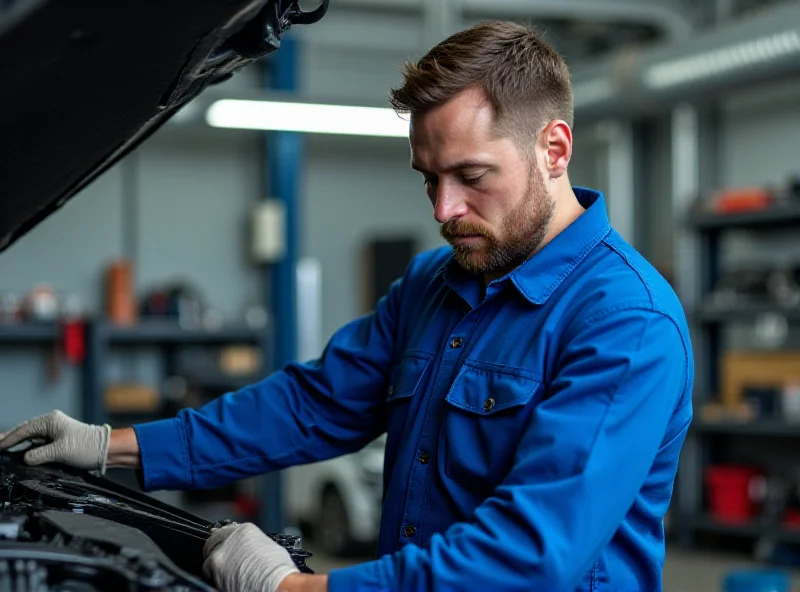 Car engine being repaired by a mechanic in a garage.