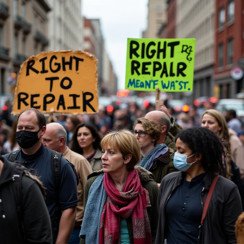 Group of people protesting with Right to Repair signs