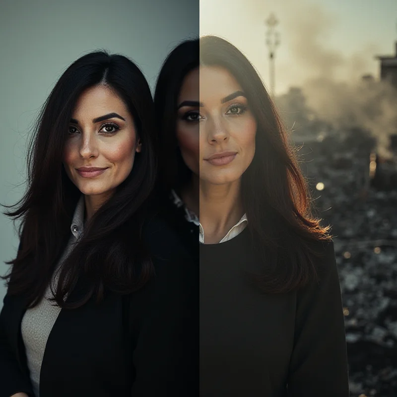 A split image showing Rima Hassan and a blurred background of the Gaza strip.