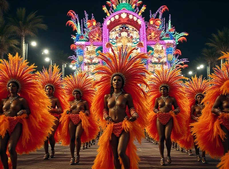 A vibrant scene from the Beija-Flor de Nilópolis parade at the Rio Carnival, showcasing elaborate costumes and a massive, colorful float.