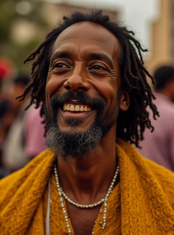 A portrait of Milton Nascimento smiling warmly, possibly during a celebration or ceremony at the Rio Carnival.