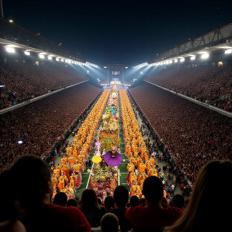 A wide shot of the Sambadrome Marquês de Sapucaí during the Rio Carnival, filled with samba schools, floats, and cheering crowds under bright lights.