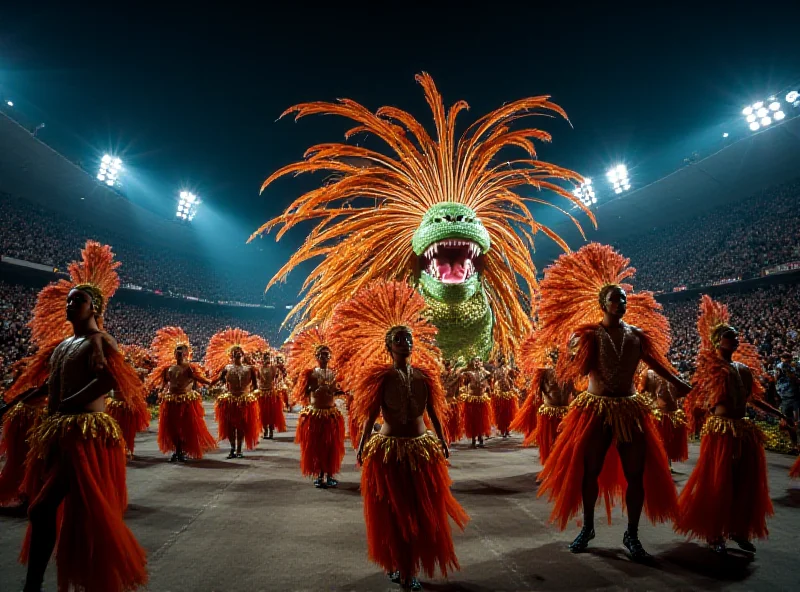 A vibrant Rio Carnival parade at night, with dancers in elaborate feathered costumes and a large, illuminated float.