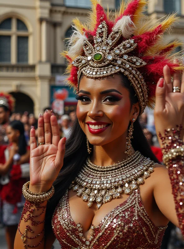 A close-up shot of Patrícia Poeta in a sparkling, ornate carnival costume, smiling and waving to the crowd.