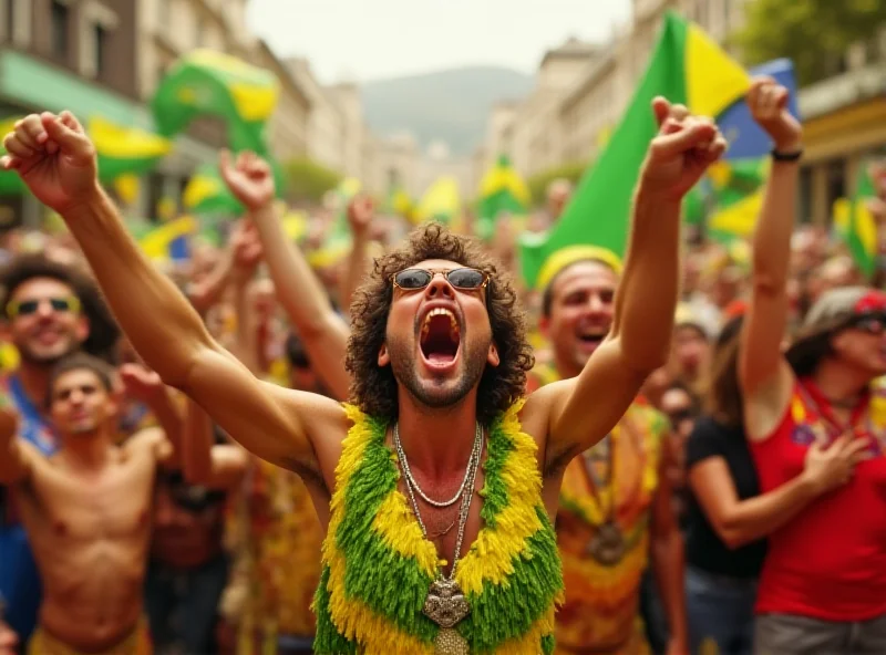 Crowd of people cheering and waving flags during the Rio Carnival.