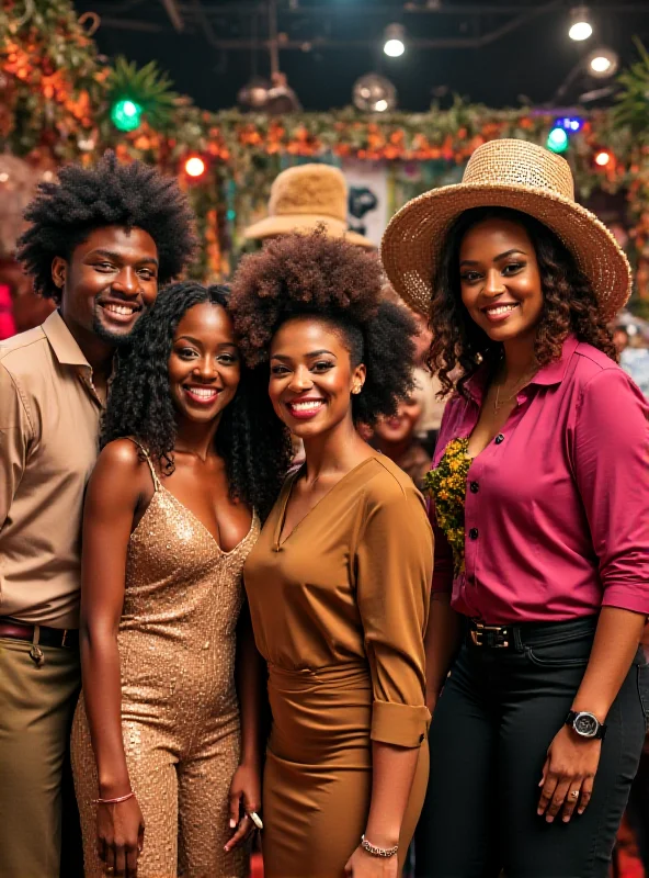 A group of diverse Brazilian TV presenters, including black and mixed-race individuals, standing together on a set during a Carnival broadcast.