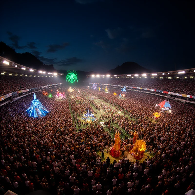 A wide shot of the Sambadrome during Carnival in Rio de Janeiro, filled with vibrant colors, elaborate floats, and thousands of participants and spectators.