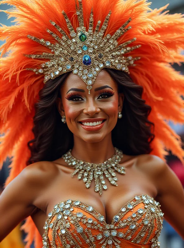 Close-up shot of Fabíola de Andrade, the queen of Mocidade, smiling radiantly while wearing an elaborate Carnival costume.