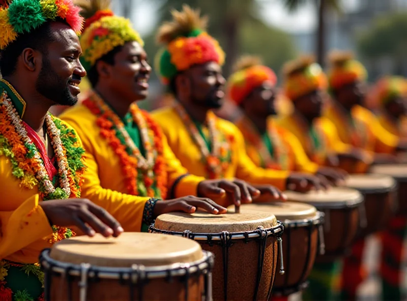 Musicians playing drums and other percussion instruments with vibrant energy during a samba school parade at Rio Carnival.