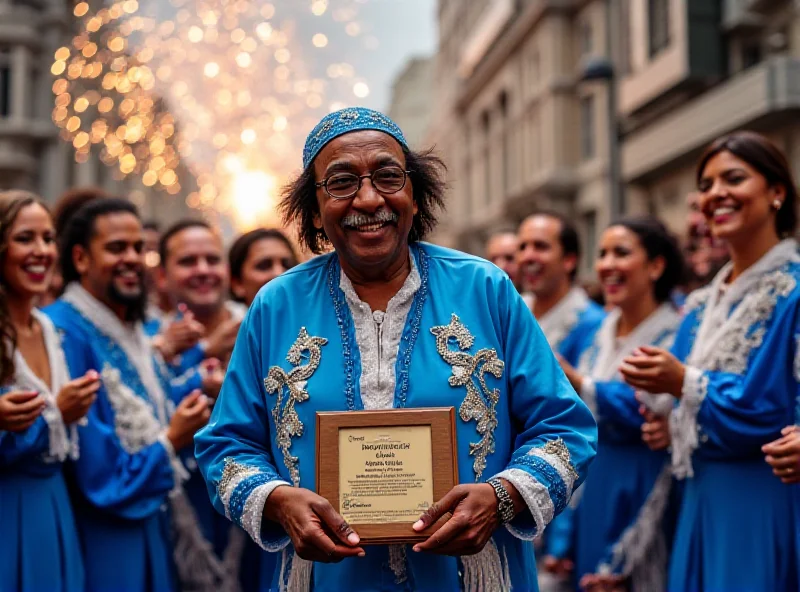 AI generated image of Milton Nascimento being honored during the Rio Carnival. He is surrounded by dancers in blue and white Portela colors, holding a plaque. There are fireworks in the background.