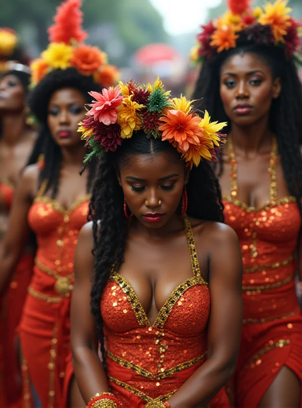 AI generated image of a group of samba dancers from Unidos de Padre Miguel looking dejected. They are wearing colorful costumes, but their faces are downcast. The background is blurred, suggesting the energy of the carnival is passing them by.