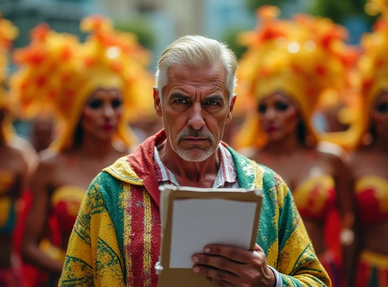 AI generated image of a judge holding a clipboard and looking sternly at a group of samba dancers during the Rio Carnival. The dancers are dressed in elaborate costumes, but the judge's expression suggests they have made a mistake. The background is a blur of color and movement.