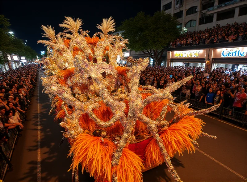 A vibrant, colorful float in the Rio Carnival parade, with dancers in elaborate costumes.