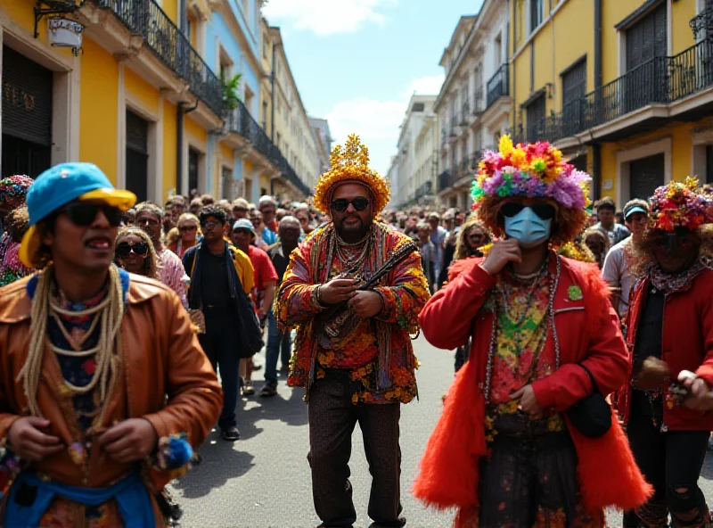 A crowded street scene in Rio de Janeiro, showing people enjoying the Carnival celebrations with vibrant costumes and street performers.