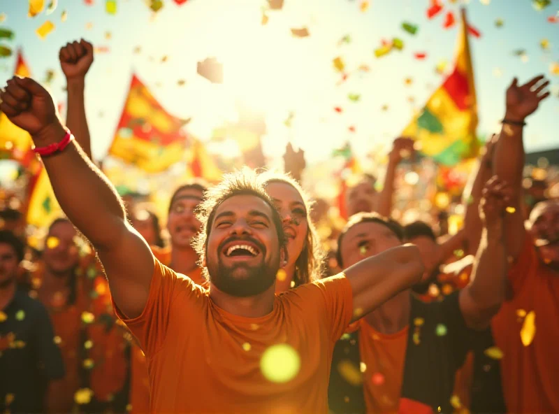 Celebratory scene with Acadêmicos de Niterói supporters holding banners and flags, confetti in the air, bright sunlight