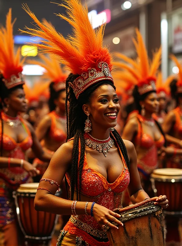 Paolla Oliveira smiling broadly while leading a drum section, dressed in elaborate carnival costume with bright colors and feathers