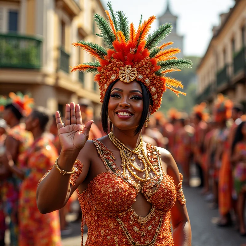 Fabíola de Andrade in full carnival regalia, adorned with shimmering fabrics and feathers, smiling and waving to the crowd during the parade