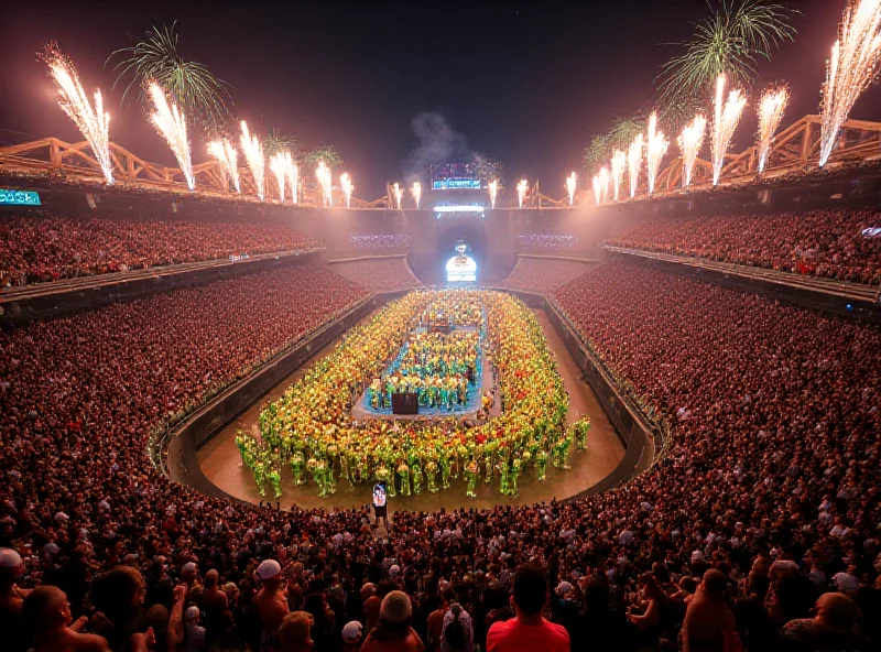 Wide shot of the Sambadrome during the Rio Carnival parade, showing multiple samba schools performing simultaneously, with vibrant costumes, floats, and fireworks in the background