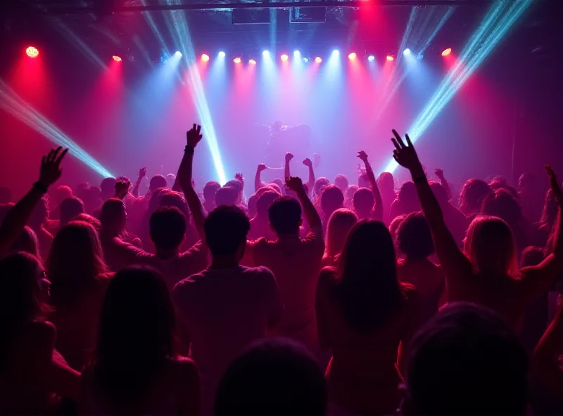 A crowd of people dancing at a Baile Charme party in Rio de Janeiro, with colorful lights and a DJ booth in the background.