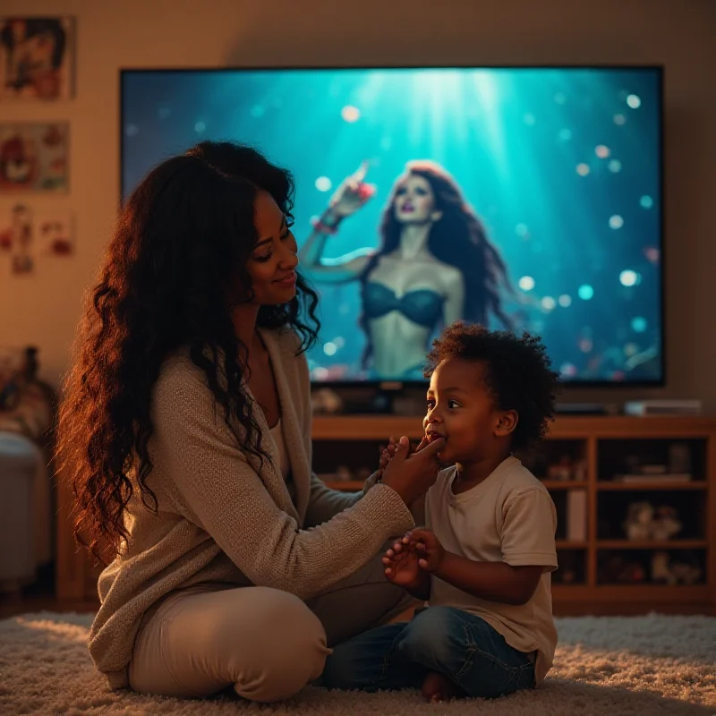 Halle Bailey smiling warmly, dressed in a casual outfit, holding her son Halo who is pointing at a TV screen showing her as Ariel in The Little Mermaid.