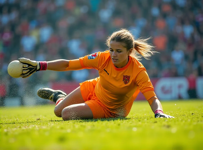 Action shot of a young female goalkeeper making a save during a game.