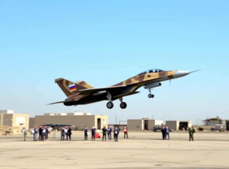 Russian Su-57 fighter jet landing on a runway at an Iranian airbase.