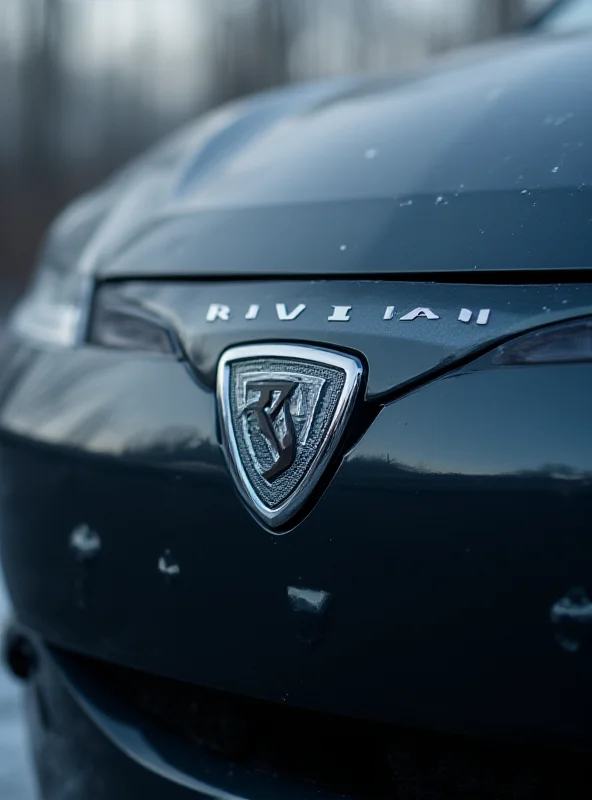 Close-up of the Rivian logo on the front of an electric SUV.