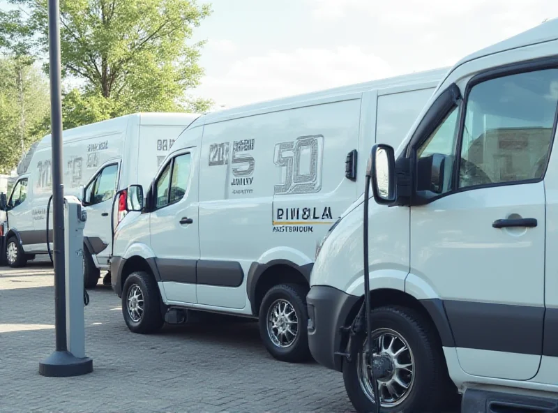 A row of Rivian electric vans parked at a charging station.