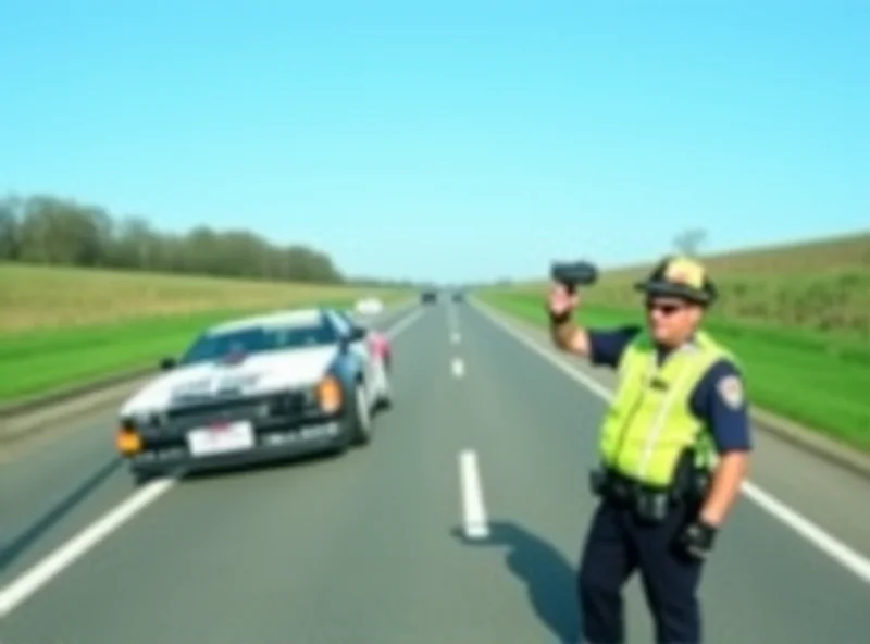 Police officer using a radar gun to catch a speeding car on a highway, sunny day.