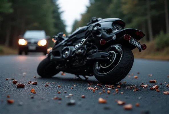 A damaged motorcycle lying on the road after an accident, with a blurred car in the background.