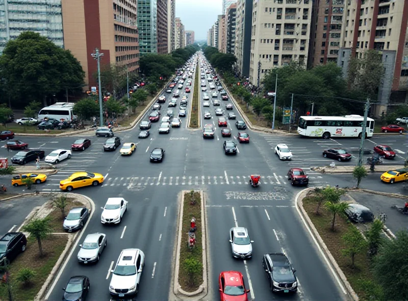 Aerial view of a busy highway intersection in Bogota, Colombia, with cars and buses moving in different directions.