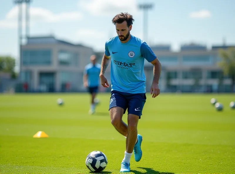 Rodri training on the field, wearing Manchester City kit, with Etihad Campus in the background