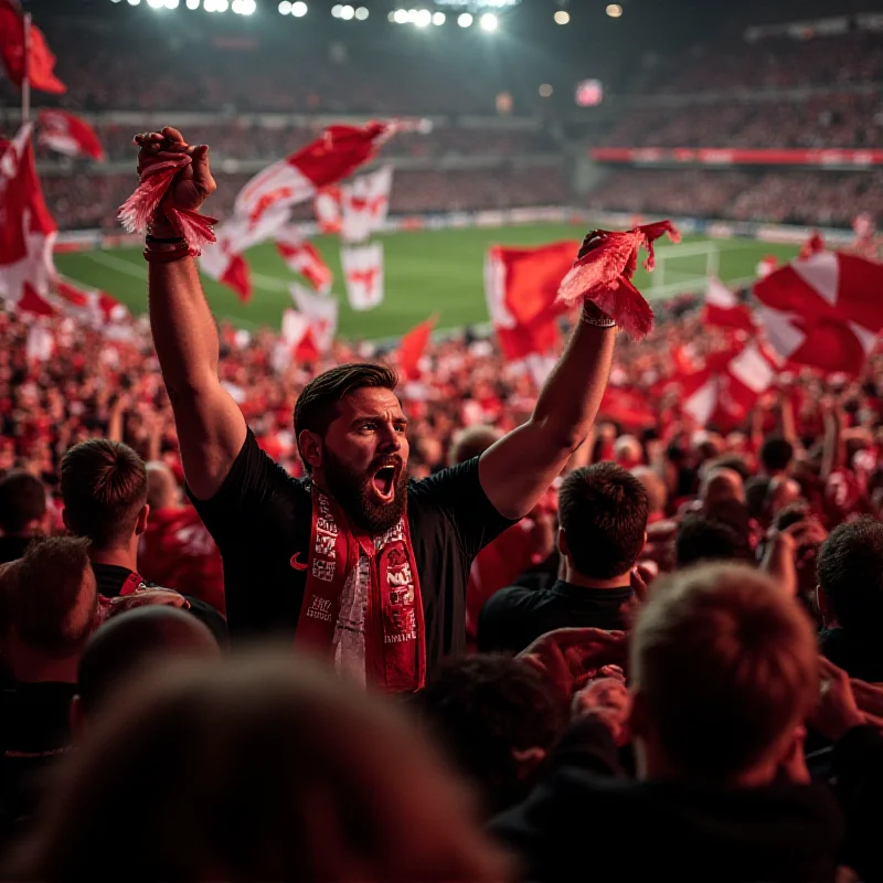 A crowded football stadium with fans cheering and waving flags, representing the support Maksym Talovierov feels from Plymouth fans