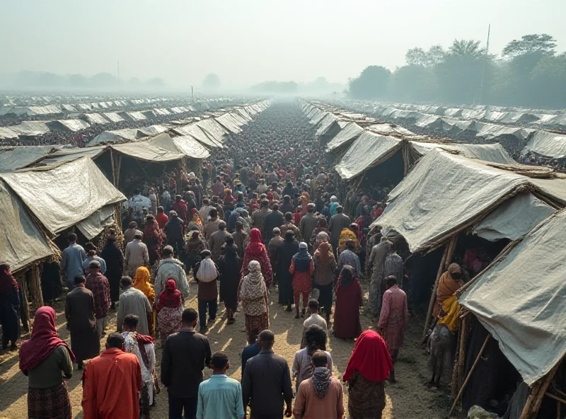 A crowded Rohingya refugee camp in Bangladesh, people queuing for food aid.