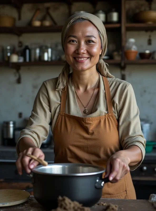 Masiya, a Thai woman, cooking food in a simple kitchen. She is smiling gently.