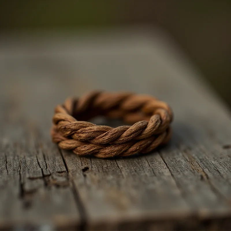 A simple woven ring, symbolizing love and connection, resting on a worn wooden surface.