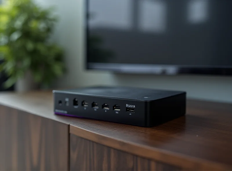 Close-up of a Roku Ultra 2024 streaming box sitting on a modern entertainment center. 