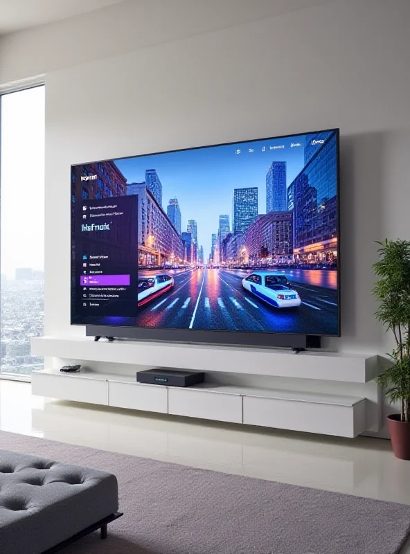 A sleek Philips OLED TV displaying the Roku interface, with Roku City as the screensaver. The room is modern and minimalist.