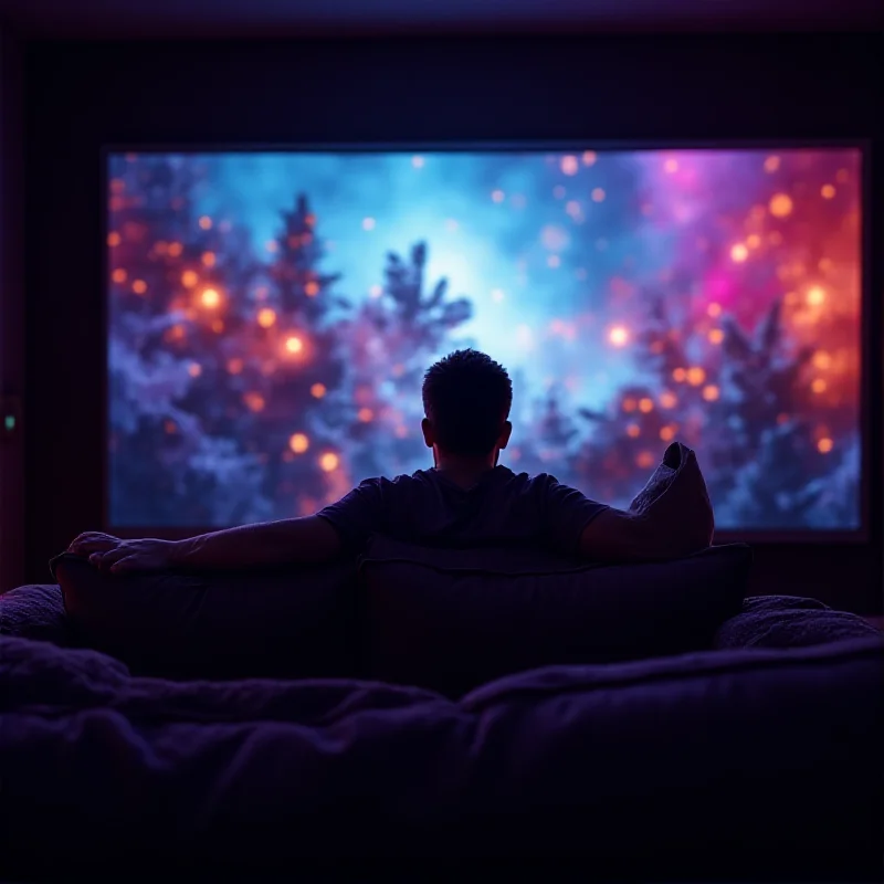 A person relaxing on a couch, watching a vibrant and colorful movie scene on a Philips OLED Roku TV. The scene highlights the TV's exceptional contrast and color accuracy.