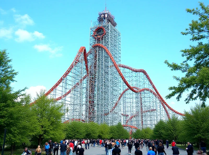 A wide shot of the Kingda Ka roller coaster at Six Flags Great Adventure, showing its immense height.