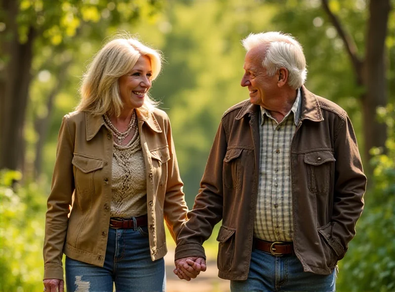 A candid photo of Dolly Parton and Carl Dean, smiling and holding hands.