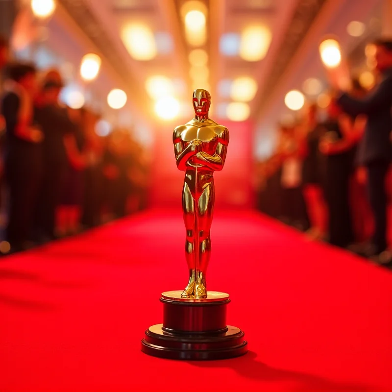 A glittering image of the Oscars statuette on a red carpet, with spotlights and a crowd in the background.